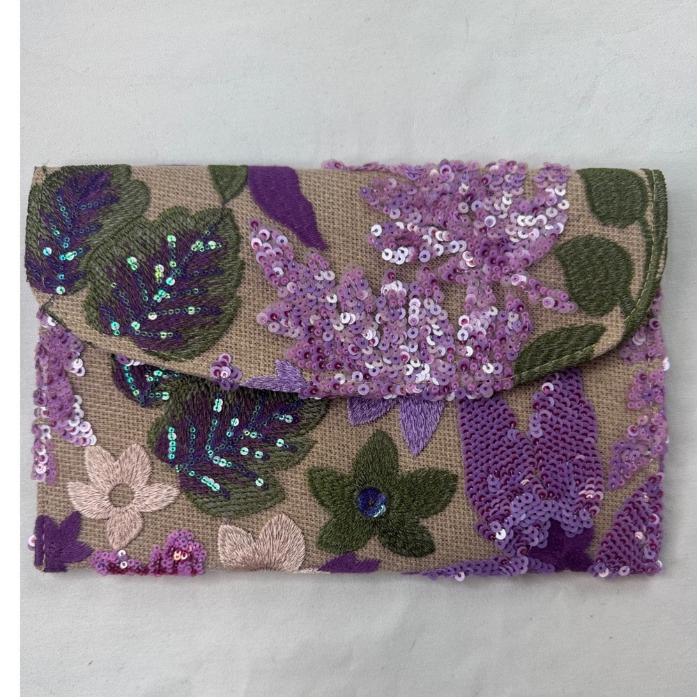 Floral Embroidered Sequin Clutch Bag‎ Purple Green Burlap Evening Handbag